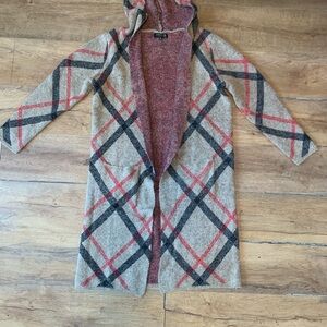 Joseph A.Plaid Hooded Cardigan in and Red